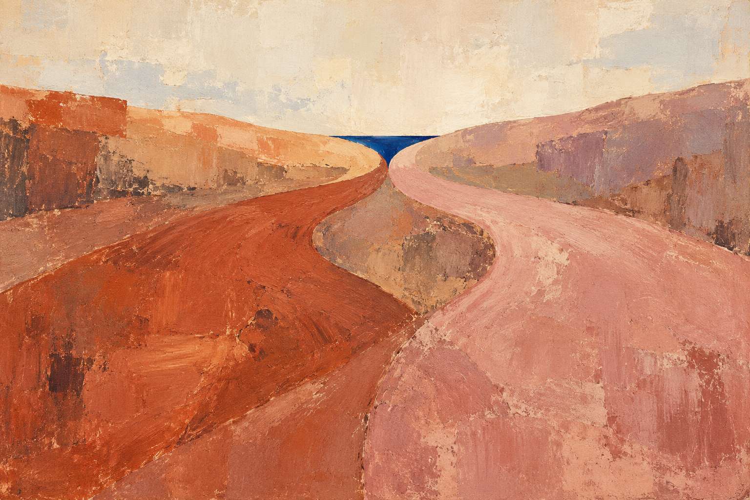 Gemalte Wege in Terrakotta und Rosé führen zu einer blauen Öffnung am Horizont