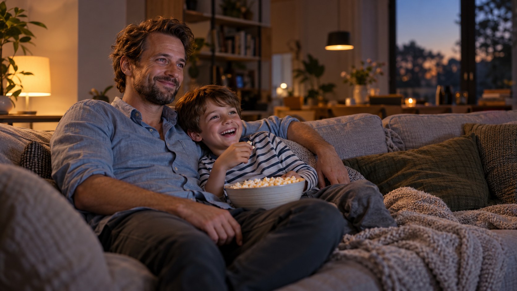 KI-generiertes Bild: Vater und Sohn lachen gemeinsam auf dem Sofa.